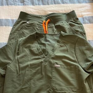 Women’s FIGS Olive Scrub Set with Bright Orange Drawstring